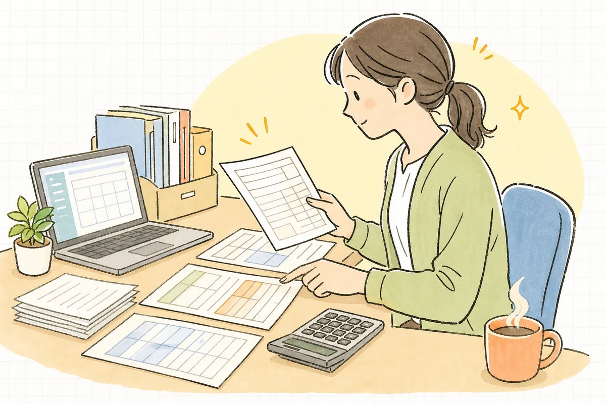 給与明細と納付書を並べて、天引きした源泉税と社会保険料の預り金がきちんと納付分と合っているか確かめながら会計ソフトに向かうひとり経理の担当者