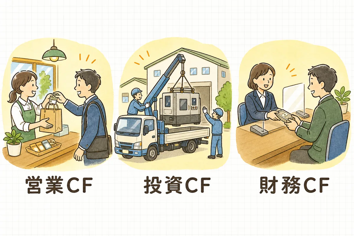 会社のお金の出入りを、営業・投資・財務の3つのキャッシュフローに分けて並べた図