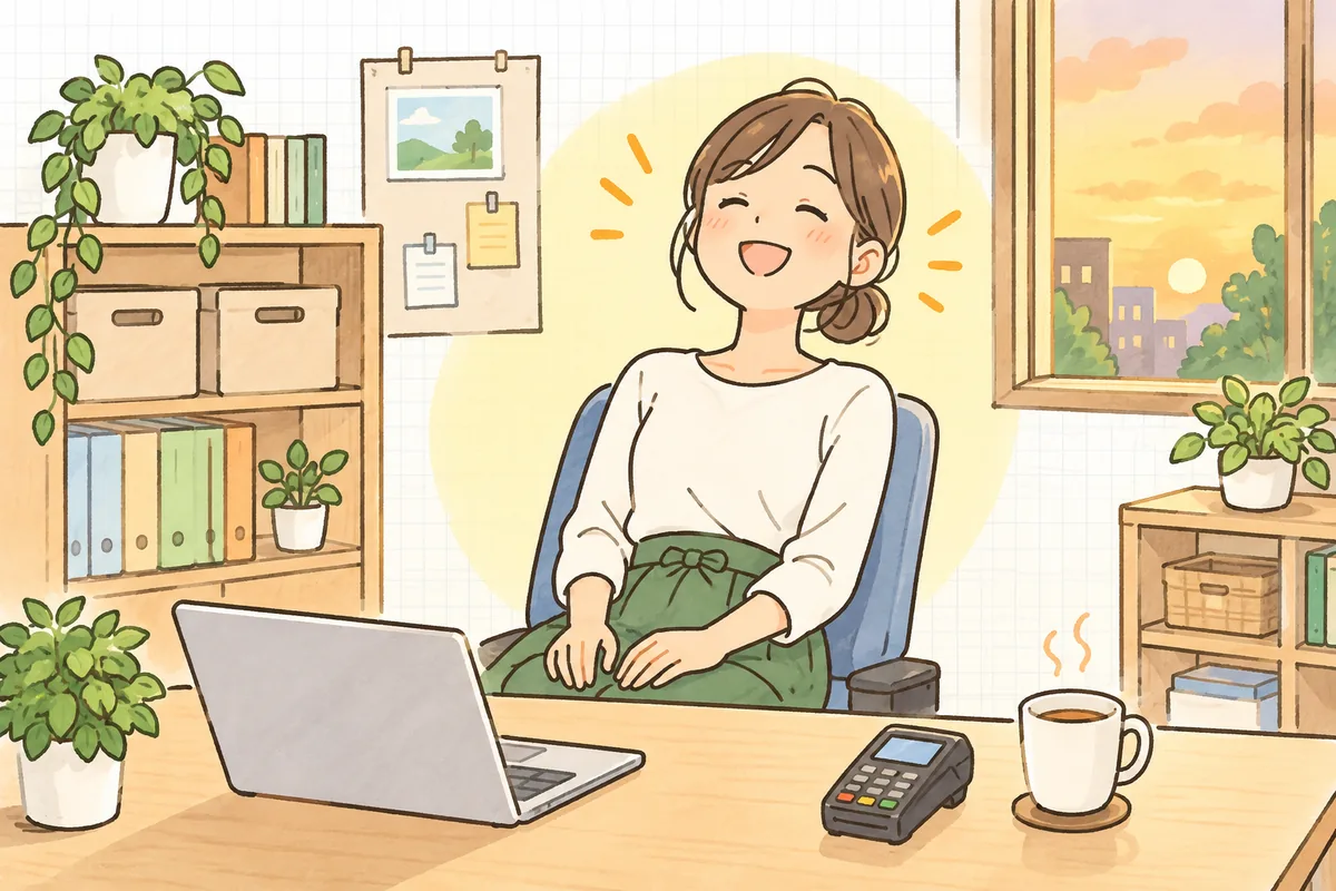 入金予定表の照合を終え、すっきりした笑顔でノートパソコンを閉じようとしているひとり経理の担当者
