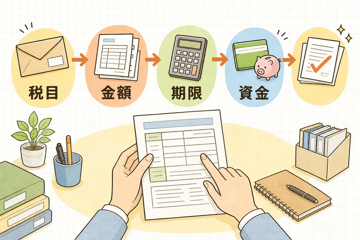 中間申告・予定納税の通知が届いたときに確認する順番(税目・金額・期限・資金・精算)を表した手順の図