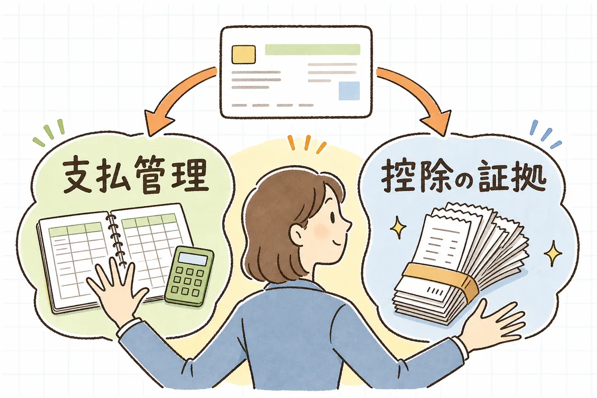 カードの利用明細は支払い管理に、各お店のレシートや請求書は消費税の控除の証拠にと、役割を二つに分けて示した図