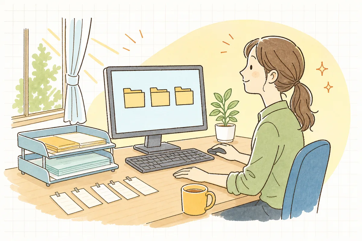 カードのレシートと請求書を整理し終え、月末の経費処理に少しほっとしているひとり経理の担当者