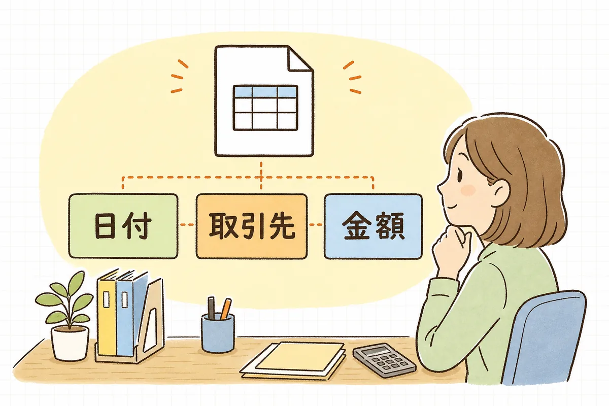 電子取引データのファイル名を「日付・取引先・金額」の順にそろえる形を示した図