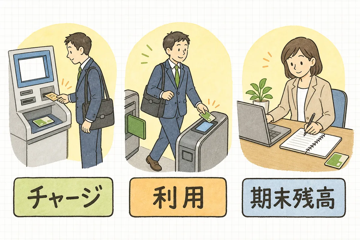 電子マネーのお金の動きを、チャージ・利用・期末残高の3つの場面に分けて示した図