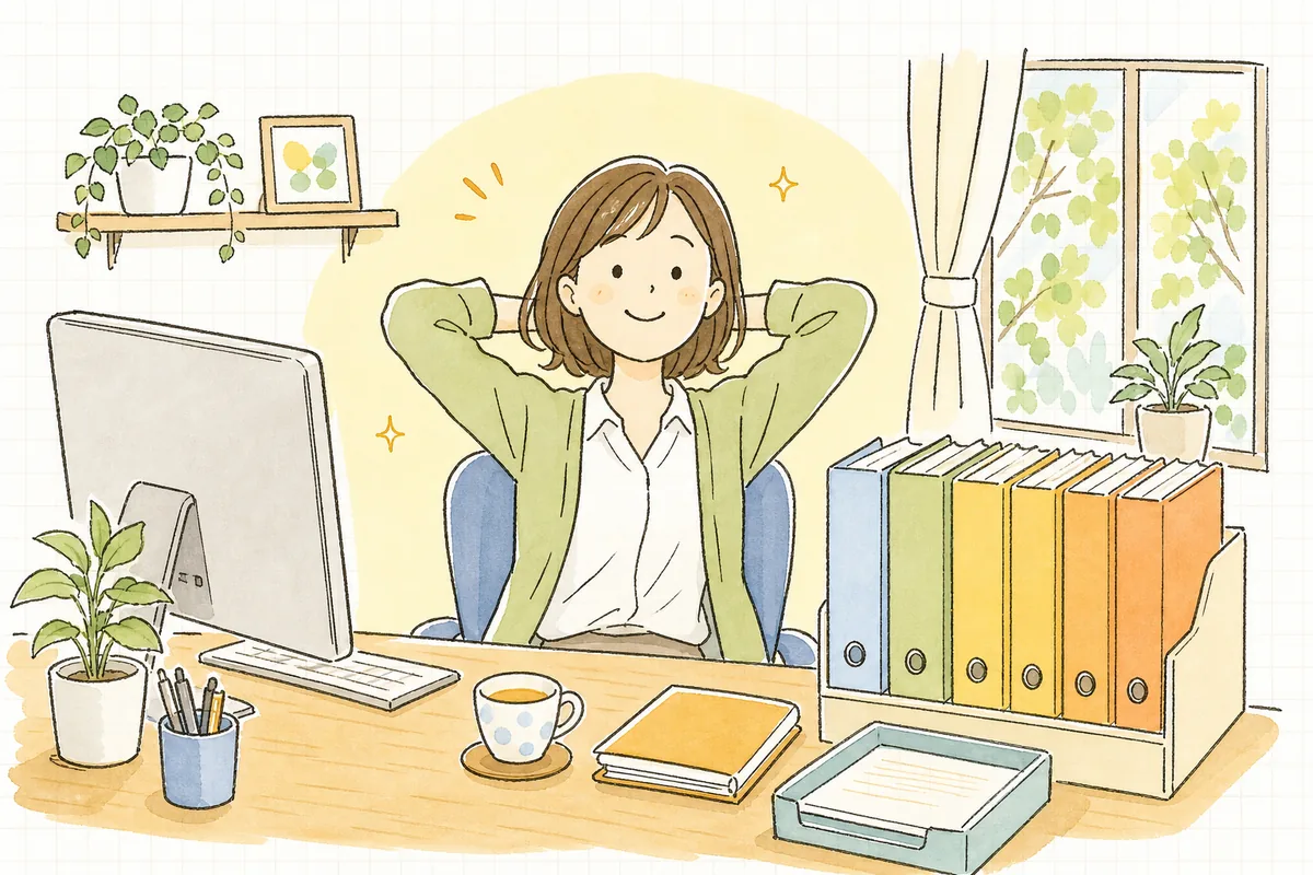 電子取引のデータが名前をそろえてフォルダに整理され、対応の見通しが立って肩の力が抜けたひとり経理の担当者
