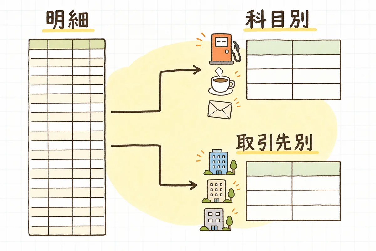 明細のデータを1つ渡すだけで、科目別の集計にも取引先別の集計にも切り替えられることを示した図