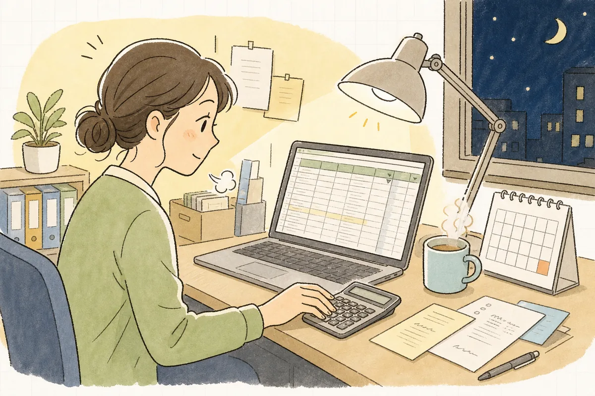 月末の事務所で、会計ソフトから出した明細のExcel画面にフィルタをかけては条件を切り替え、そのたびに電卓で合計を出しているひとり経理の担当者