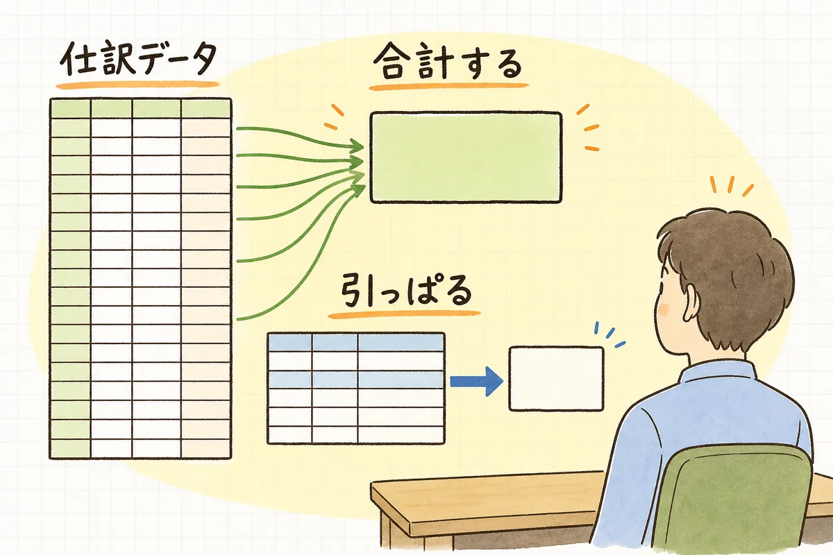仕訳データから、条件に合う金額を集めて1つの数字にする「合計する」作業と、別の一覧表から必要な情報を1件持ってくる「引っぱる」作業の2つを対比した図