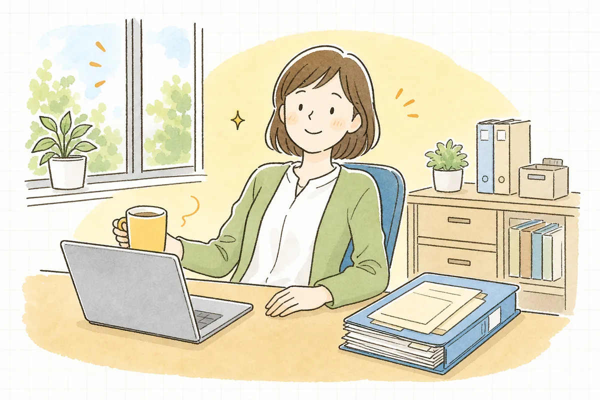 福利厚生費の摘要に対象と目的を書き終えて、判断の物差しができ穏やかな表情になっているひとり経理の担当者