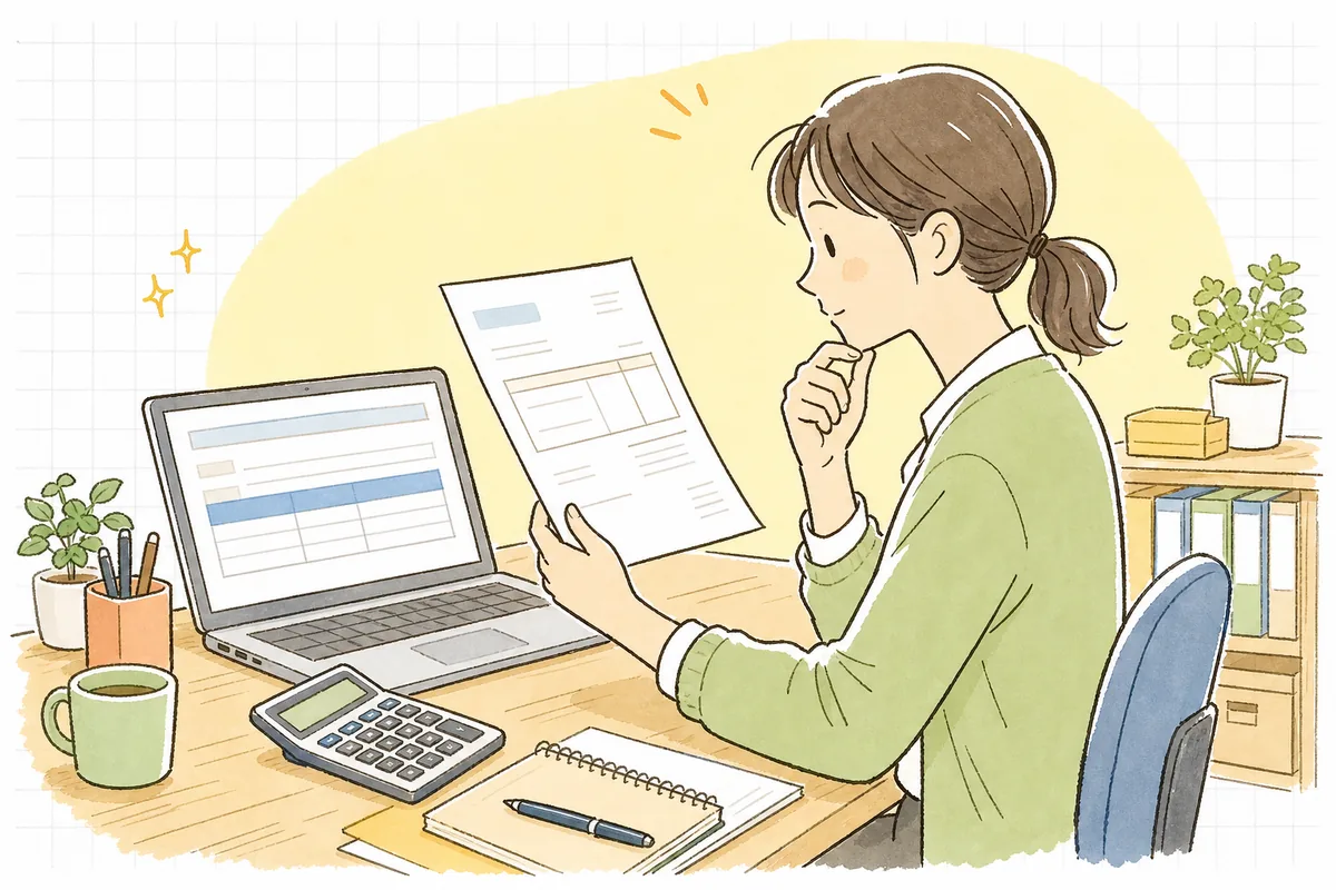 振込手数料をどちらが負担するかを、請求書と振込明細を見比べながら確かめているひとり経理の担当者