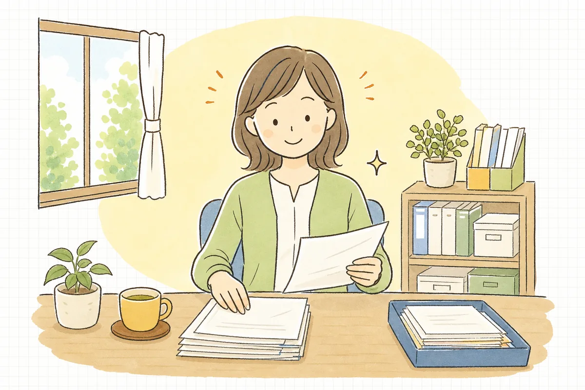 振込手数料の負担と仕訳の扱いが整理でき、落ち着いた表情で処理を進めるひとり経理の担当者