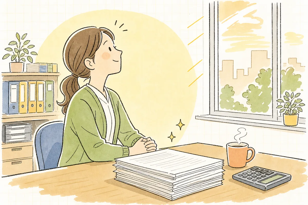 家族欄の確認を終えた申告書をそろえ、ひと区切りついて肩の力が抜けた表情の経理担当者