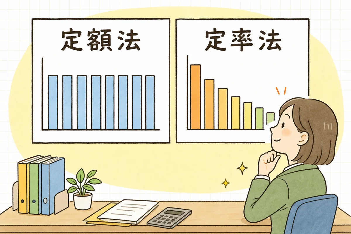 定額法は毎年同じ額、定率法は最初が多く年々減っていくという費用の進み方の違いを2つのグラフで比べた図
