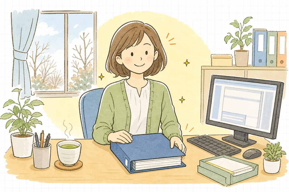 年末調整の準備がそろい、きれいに整った書類の前で穏やかにほほえむひとり経理の担当者