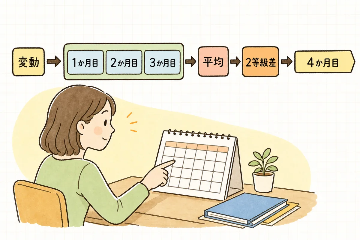 固定的賃金の変動月から3か月の報酬を平均し、2等級以上の差があれば4か月目に標準報酬月額を改定する随時改定の流れを示した図