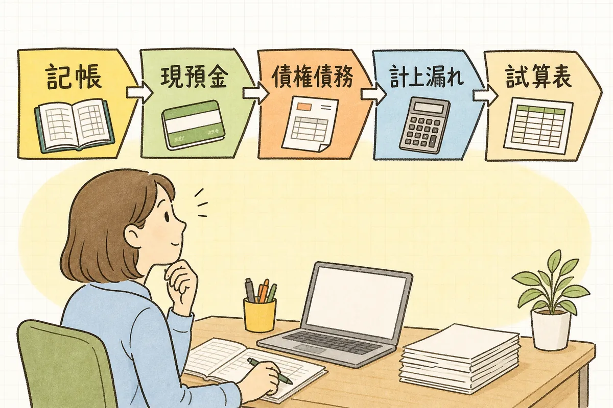 月次決算を5つのステップ(記帳・現預金・債権債務・計上漏れ・試算表)の順に並べた手順の図
