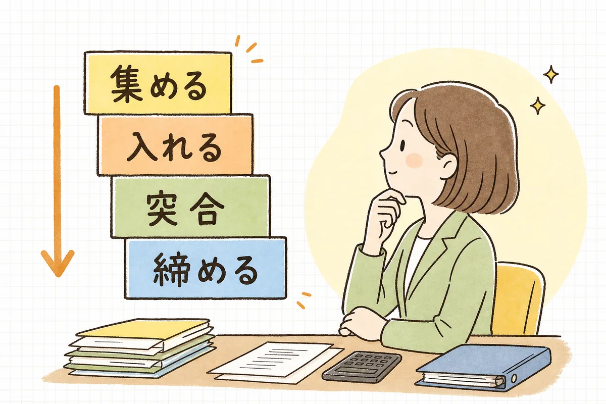 前月分の記帳を「集める・入れる・突合する・締める」の4ステップで上から順に進める流れの図