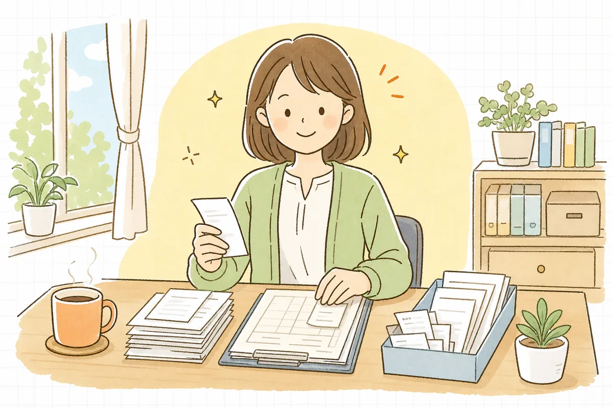 前月分の記帳を入口ごとに片づけ終え、すっきりした表情で締めのチェックを終えるひとり経理の担当者