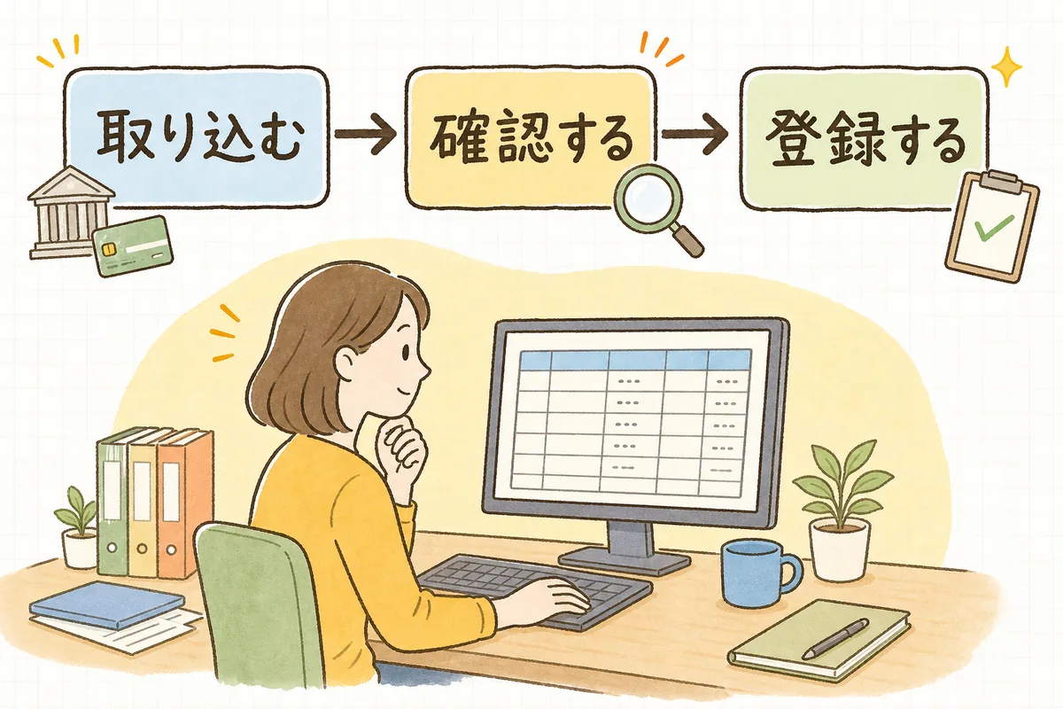 自動連携の毎月の流れを、明細を取り込む・内容を確認する・仕訳を登録するの3ステップで左から右へ並べた図