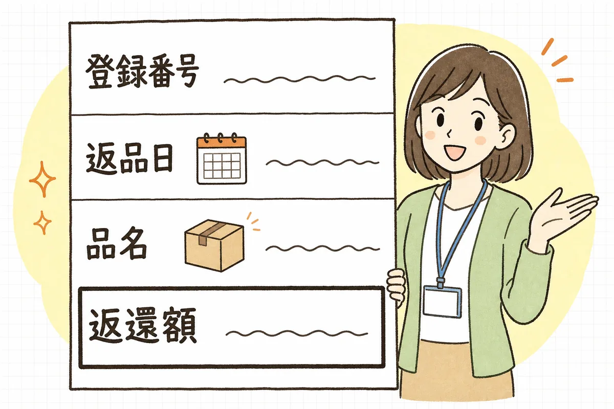 返還インボイスに書く4つの欄を上から順に示した伝票の図。上から登録番号の欄、返品日の欄、品名の欄、返還額の欄が並んでいる
