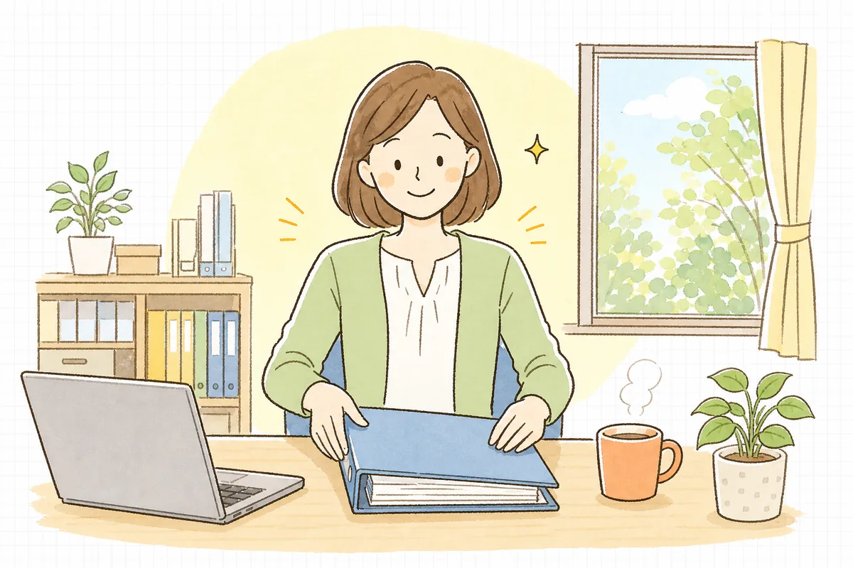 返品・値引きの処理を終えて、整理された請求書のファイルを前に肩の力が抜けたひとり経理の担当者