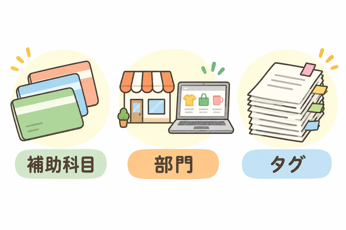 補助科目は口座ごとの内訳、部門は店舗や通販といった事業の分け方、タグは特定の取り組みへの目印、という3つの役割を並べた図