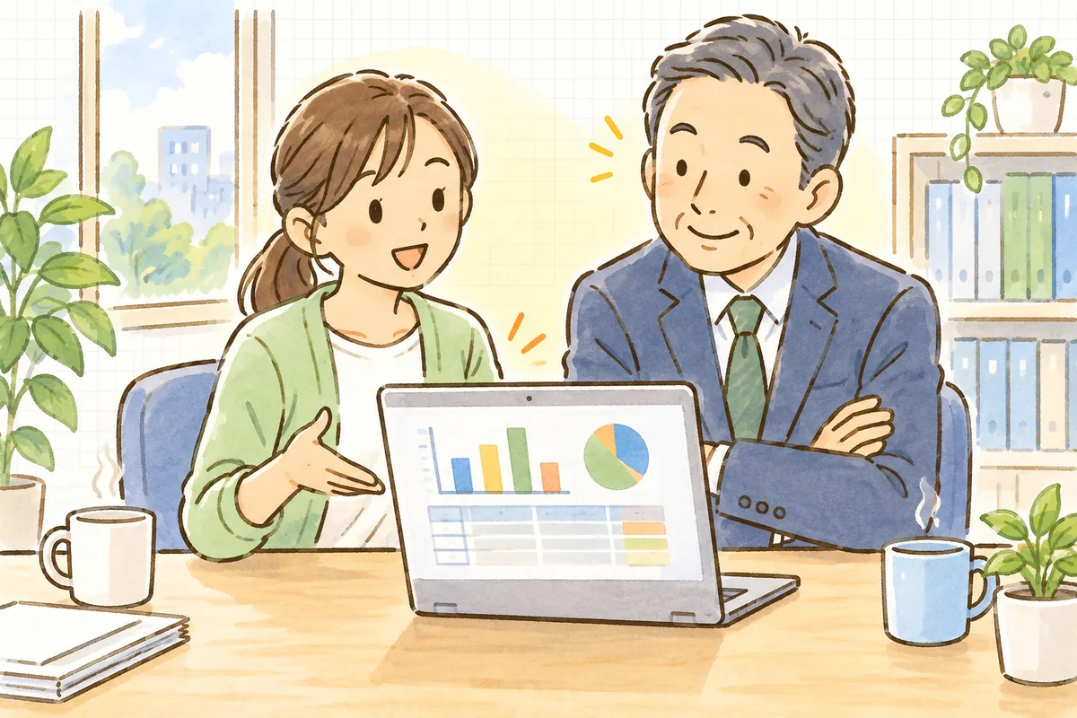 店舗ごとに分かれた数字が並ぶ画面を社長と一緒に見ながら、穏やかに話しているひとり経理の担当者