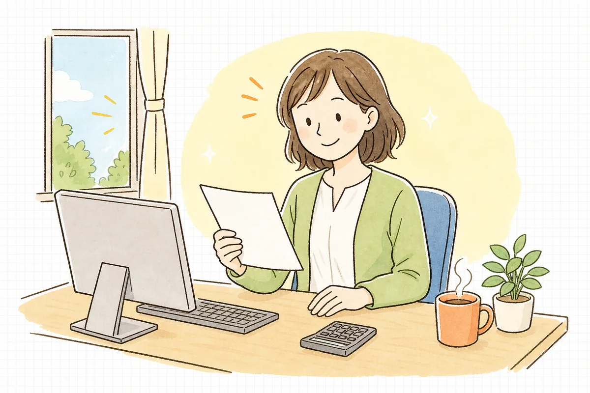 請求書の端数処理の設定を直し終えて、金額がぴたりと合ったことを確かめ、ほっとした表情になっているひとり経理の担当者