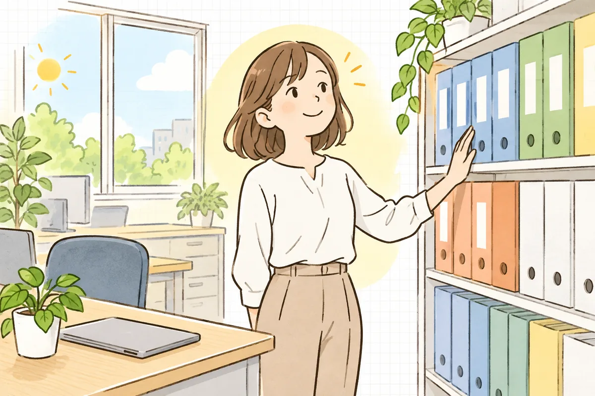 明るい事務所で、経理担当者が棚に並んだ整理されたファイルボックスの前に立ち、ほっとした笑顔で一息ついている