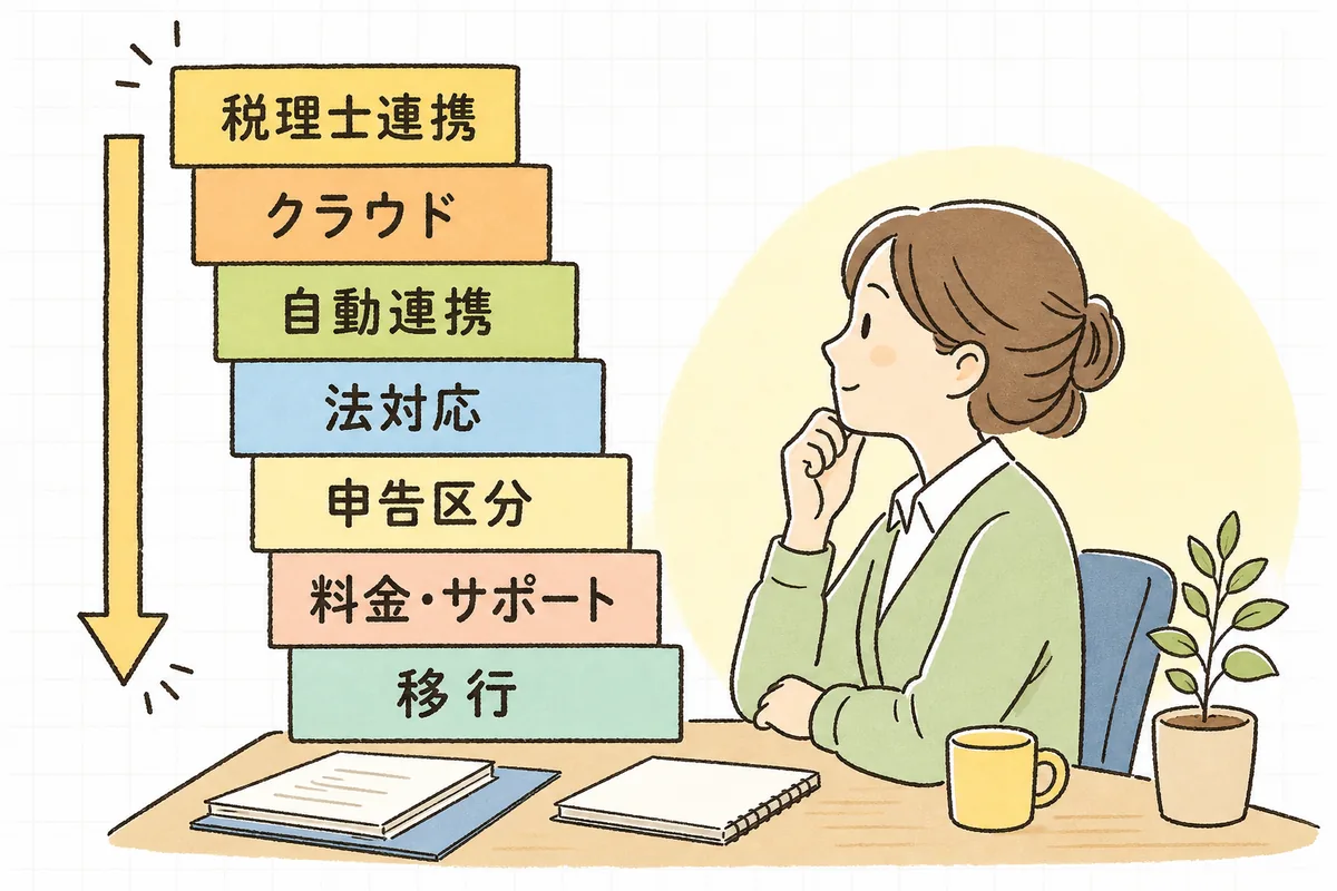 会計ソフトを選ぶ7つの比較軸を、税理士連携から移行のしやすさまで上から順に並べた図