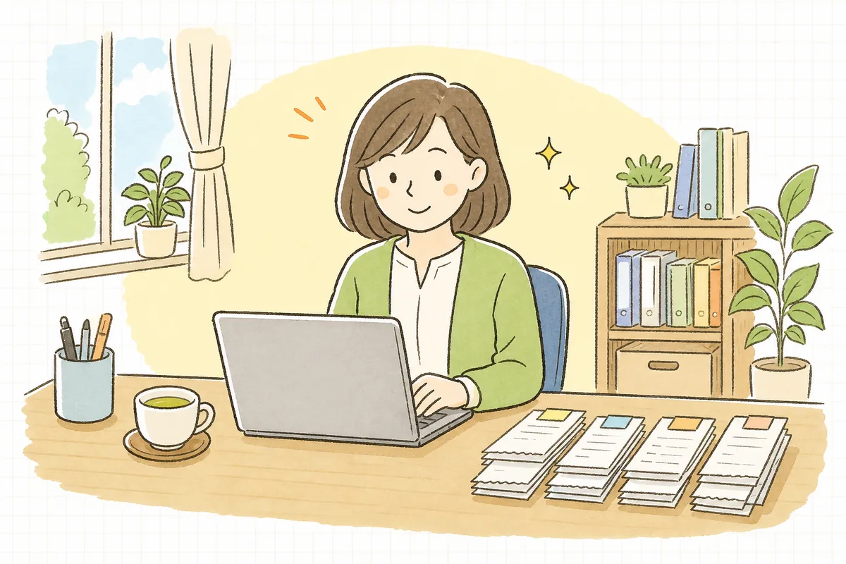 自社の科目ルールが決まり、迷わず会計ソフトに入力できるようになって落ち着いた表情のひとり経理の担当者