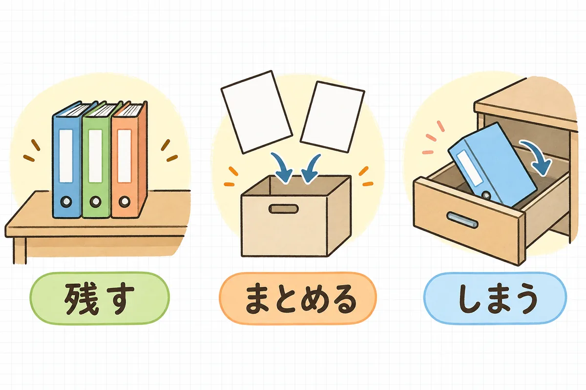 3つの絵が横に並ぶ図。左は机の上に立てて並べた3冊のファイルで「残す」、中央は2枚の書類を1つの箱にまとめて入れる絵で「まとめる」、右は半分開いた引き出しにファイルをしまう絵で「しまう」のラベルがある