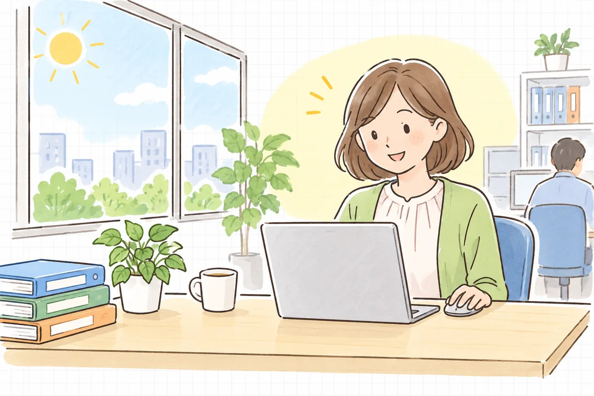明るい事務所で、経理担当者が整理された画面を見ながら、軽やかに仕訳を入力してほっとした笑顔を見せている