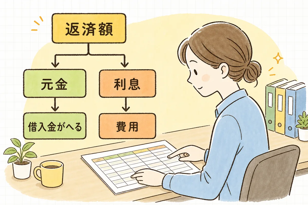 一回の返済額が元金部分と利息部分の二つに分かれ、それぞれ借入金の減少と支払利息に振り分けられることを示した図