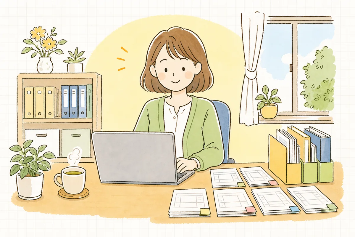 高額な買い物に確認の印をつけ、迷いを残さず処理を進められて落ち着いた表情のひとり経理の担当者