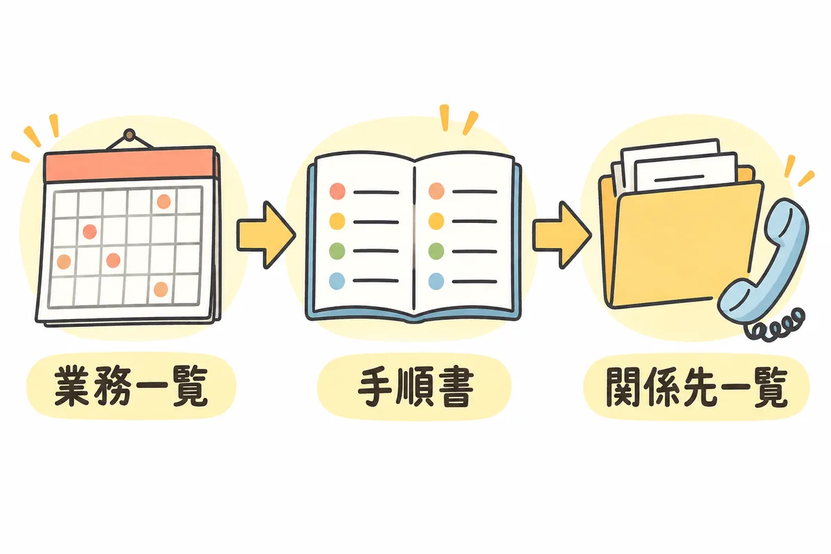 左から右へ、月のカレンダーの絵、番号付きの手順が書かれたノートの絵、フォルダと電話の絵が矢印でつながり、それぞれの下に「業務一覧」「手順書」「関係先一覧」のラベルがある図