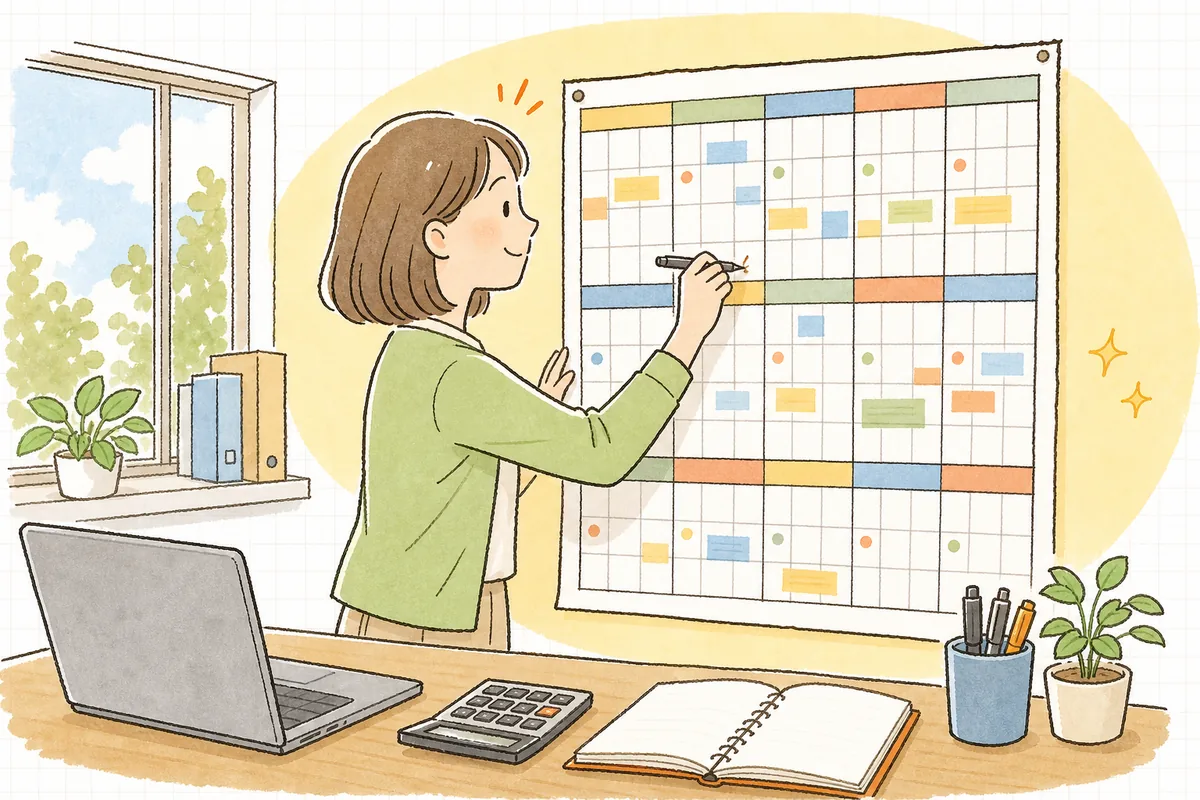 壁に貼った1年分のカレンダーを前に、経理の仕事がいつ来るのかを1枚に書き込んで確かめている中小企業のひとり経理担当者