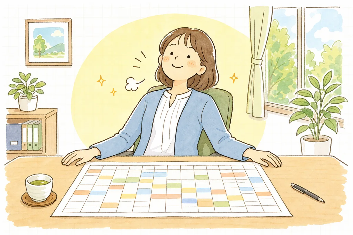 完成した1年分の経理スケジュールを机に広げ、見通しが立って肩の力が抜けたひとり経理の担当者