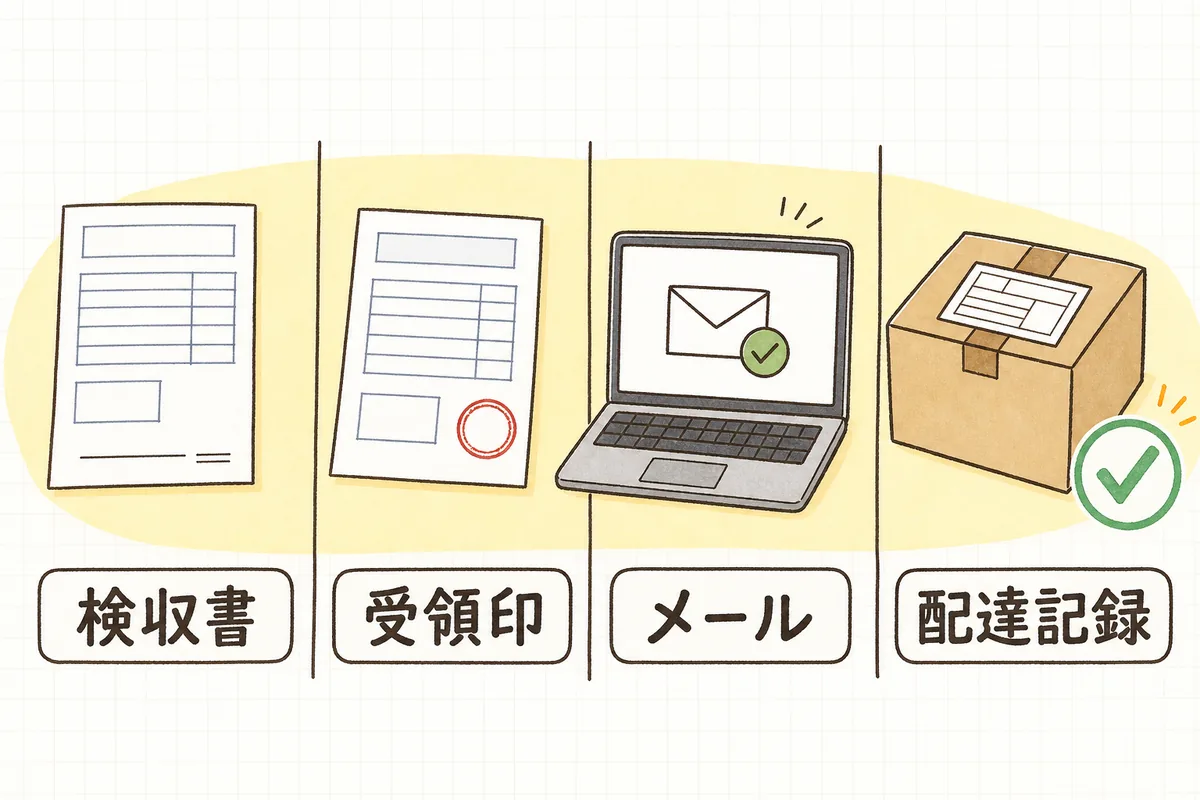 机の上に4つの証拠を左から順に並べた図。相手の会社が出した検収書の用紙、受領印が押された納品書の控え、検収の連絡が届いたノートパソコンのメール画面、配達完了を示す宅配の伝票と段ボール箱