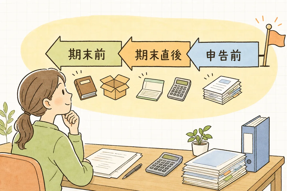 申告期限から逆算して、期末前・期末直後・申告前の3つの時期に決算作業を割り振った逆算スケジュールの図