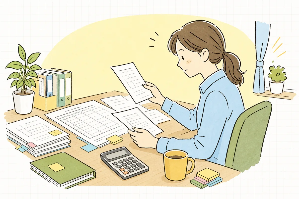 決算前の机で、試算表と請求書・支払明細を並べ、来期にまたがる費用がないか一つずつ確かめているひとり経理の担当者