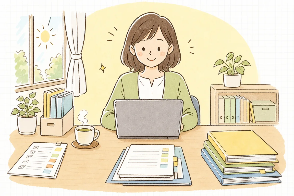決算整理の点検項目に一つずつチェックを入れ終え、見通しが立って落ち着いた表情のひとり経理の担当者