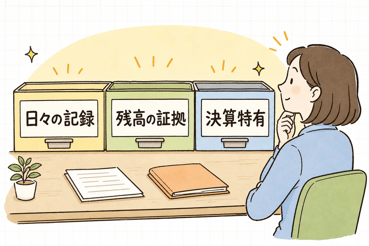 税理士に渡す決算資料が「日々の記録」「残高の証拠」「決算特有の資料」の3つに分類できることを示した図