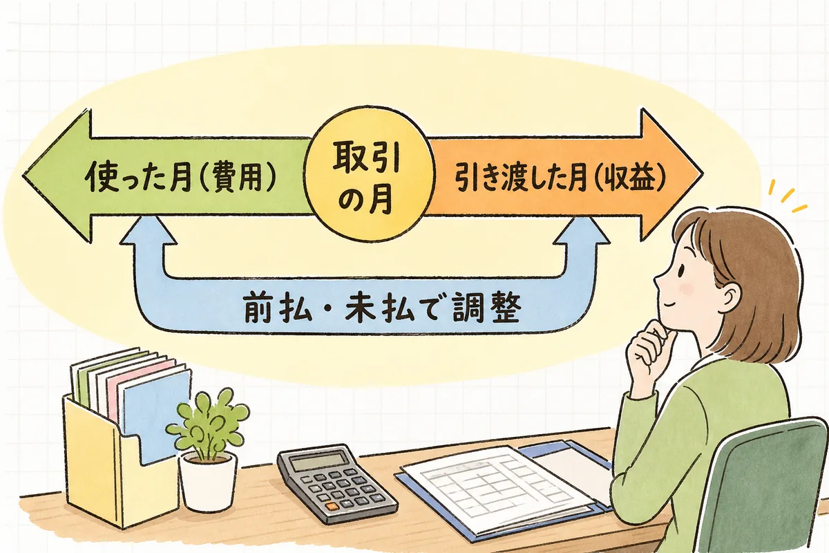 費用は「使った月」、収益は「引き渡した月」に計上し、支払・入金の月とのズレは前払・未払で調整するという発生主義の判断の流れを示した図