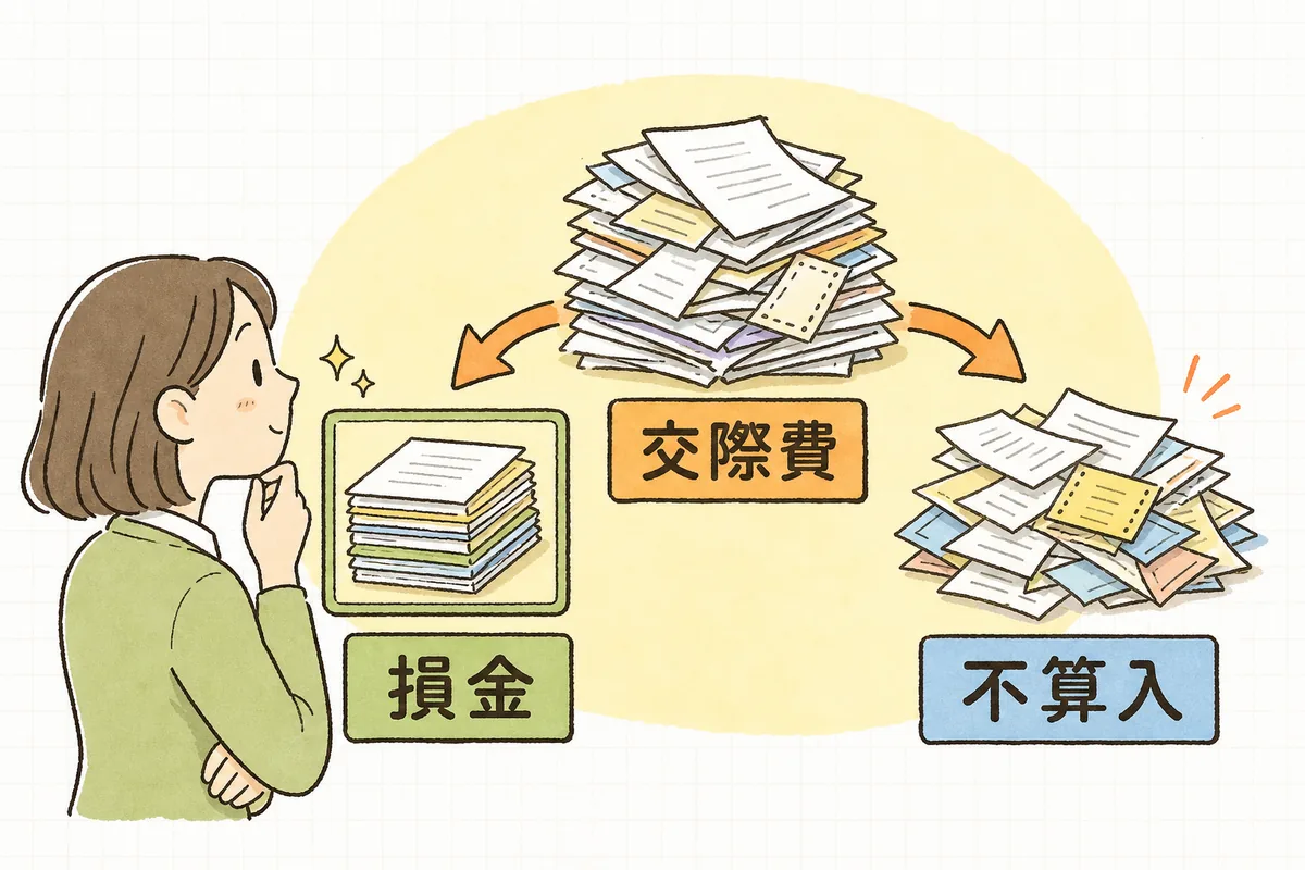集計した交際費が、税金の計算で認められる分と認められない分の2つに分かれることを示した図