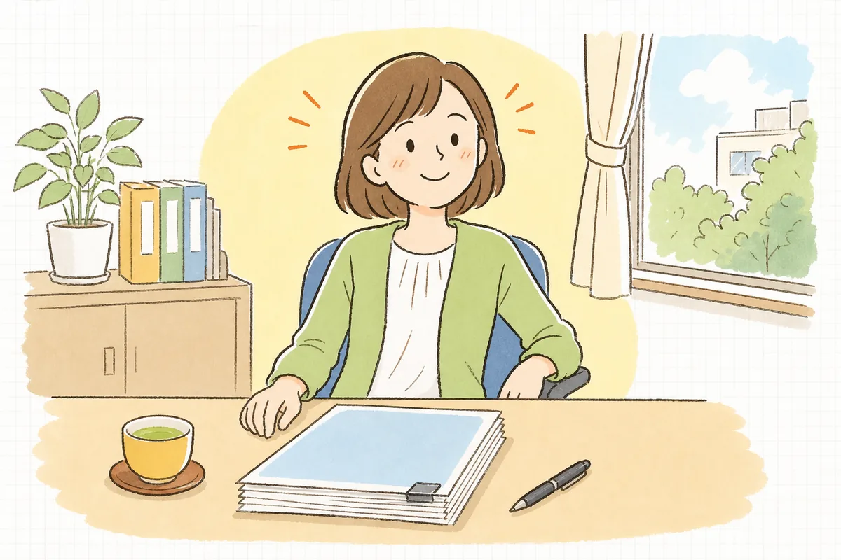交際費の年間集計を出し終えて、決算で説明できる準備が整い、肩の力が抜けた表情のひとり経理の担当者