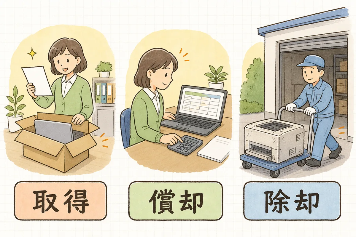 固定資産台帳が動く3つの瞬間を、買ったとき・毎期の償却・手放したときの順に並べた図
