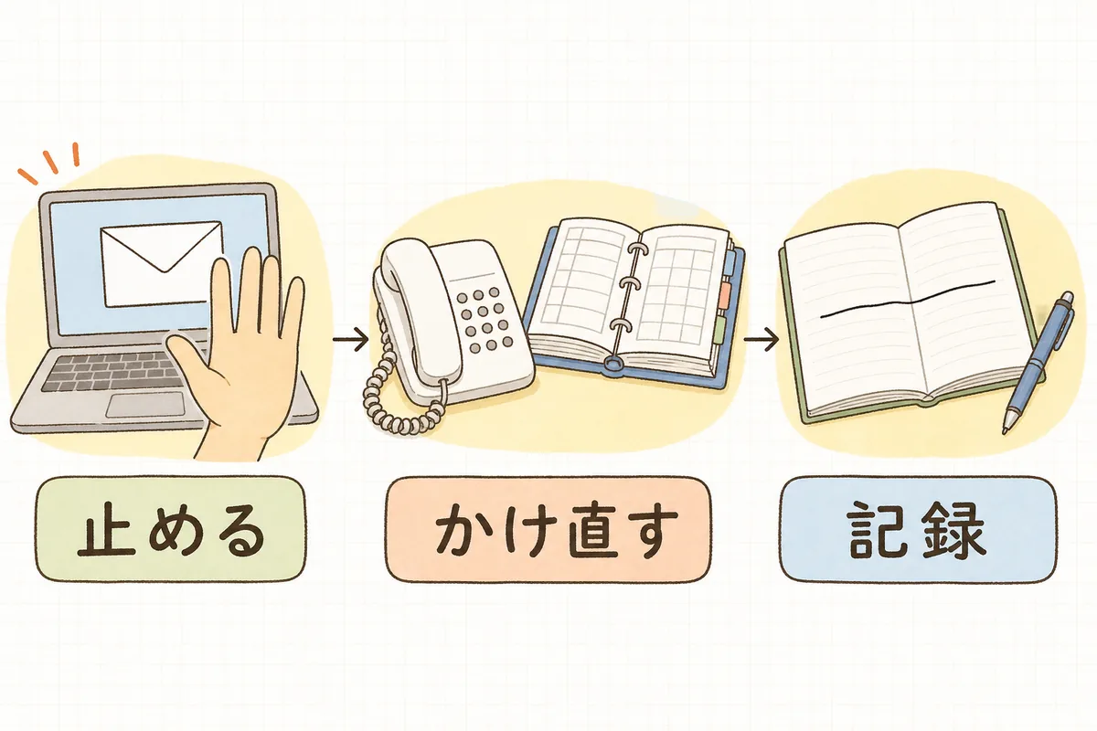 振込先の変更連絡が来たときの3つの動き（支払を止める・登録済みの番号にかけ直す・確認内容を記録する）を左から順に並べた図