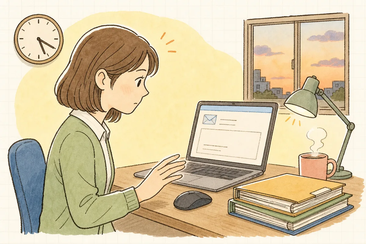 支払日の直前に届いた「振込先口座の変更」のメールを画面に開き、ネットバンキングの振込操作の手をいったん止めて考え込んでいるひとり経理の担当者