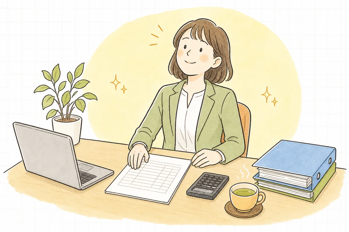 繰越欠損金の残高と期限を1枚の表に書き出し終えて、見通しが立って落ち着いた表情でひと息ついているひとり経理の担当者